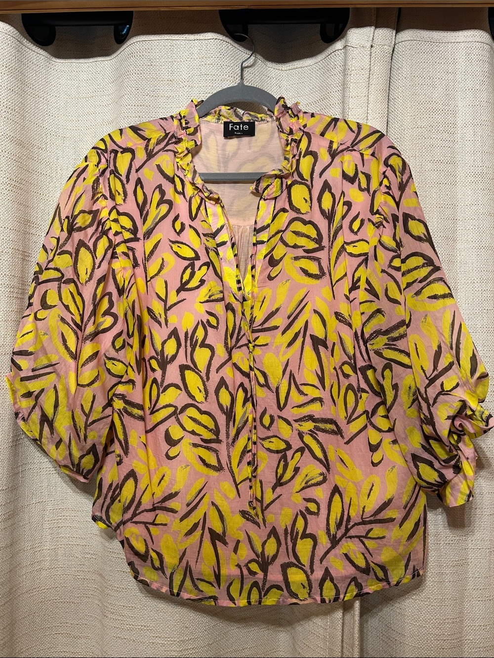 Fate Pink and Yellow Leaf-Print Ruffle Neck Blouse